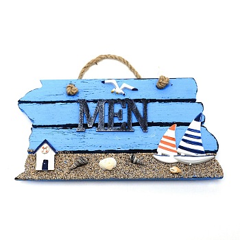 Mediterranean Style MDF Hanging Plate, with Hemp Cord, Word Men for Bathroom Toilet Decoration, Deep Sky Blue, 160mm
