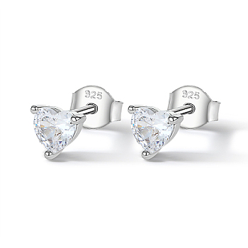 Rhodium Plated 925 Sterling Silver Stud Earrings for Women, with Cubic Zirconia, Heart, 6mm