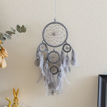 Woven Web/Net with Feather Pendant Decorations, with Polyester Cord and Iron Finding, Gray, 460x160x5mm