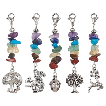 Autumn Theme Tibetan Style Alloy Pendants Decoration, 7 Chakra Gemstone Chips and 304 Stainless Steel Lobster Claw Clasps Charms, Mixed Shapes, 65~70mm