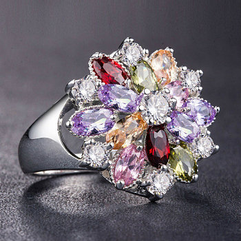 Cubic Zirconia Flower Finger Ring, Colorful, US Size 8(18.1mm)