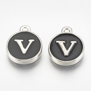 Alloy Enamel Charms, Flat Round with Letter, Platinum, Black, Letter.V, 14x11.5x2.5mm, Hole: 1mm