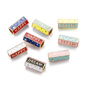 Real 18K Gold Plated Brass Tube Beads, with Enamel, Hexagon with Star & Word Happy Dream, Mixed Color, 21.5x11x9.5mm, Hole: 4~7.5mm