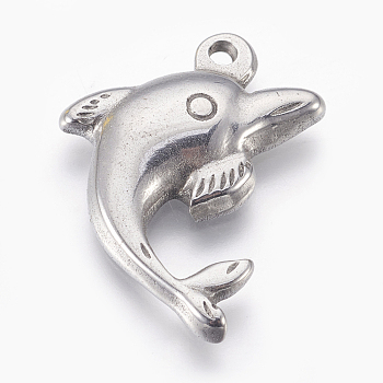 304 Stainless Steel Pendants, Dolphin, Stainless Steel Color, 25x17.8x4mm, Hole: 1.8mm