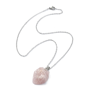 Natural Rose Quartz Nugget Pendant Necklace with 304 Stainless Steel Chains, 17.52 inch(44.5cm)