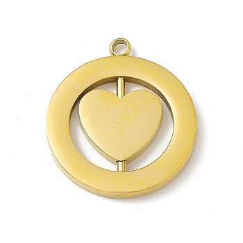 304 Stainless Steel Turnable Pendants, Hollow, Flat Round with Heart Charm, Golden, 28x24.5x2mm, Hole: 2.5mm