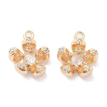 Brass Micro Pave Cubic Zirconia Charms, 5-Petals Flower Charms, Real 18K Gold Plated, 12.5x11.5x5mm, Hole: 1.2mm