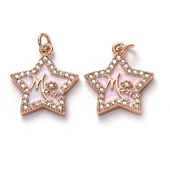 Brass Clear Cubic Zirconia Pendants, Long-Lasting Plated, with Enamel and Jump Ring, Star, Real Rose Gold Plated, 16x14.5x2.5mm