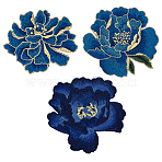 3Pcs 3 Colors Polyester Clothing Patches, Peony, Marine Blue, 102~125x115~122x1mm, 1pc/style(PATC-PH0001-54)
