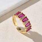 Brass Micro Pave Cubic Zirconia Cuff Open Rings for Women, Long-Lasting Plated, Rack Plating, Real 18K Gold Plated, Deep Pink, 7mm, Inner Diameter: 17mm(RJEW-L343-16G-02)