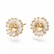 Brass Micro Pave Clear Cubic Zirconia Earring Findings, for Half Drilled Beads, Nickel Free, Flat Round, Real 18K Gold Plated, 11.5mm, Pin: 0.7mm, Pin: 0.7mm(for half drilled beads)(KK-S356-130G-NF)