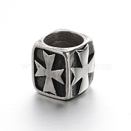Retro Smooth 304 Stainless Steel Large Hole Cube Beads with Cross, Antique Silver, 11.5x11.5x11.5mm, Hole: 8.5mm(STAS-I031-28)