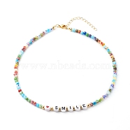 Beaded Necklaces, with Acrylic Beads, Brass Beads, Glass Beads, 304 Stainless Steel Findings & Brass Chain, Word Smile, Colorful, 15.35 inch(39cm)(NJEW-JN03536-05)
