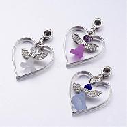 Alloy European Dangle Charms, Large Hole Heart Beads, with Acrylic and Glass Beads, Lovely Wedding Dress Angel Dangle, Mixed Color, 46mm, Hole: 4.5mm(PALLOY-JF00260)