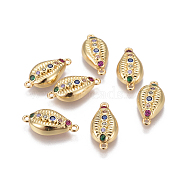 Brass Micro Pave Cubic Zirconia Links, Cowrie Shell, Colorful, Golden, 17.5x8.5x3.5mm, Hole: 1.2mm(KK-I650-07G)