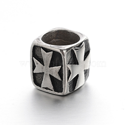 Retro Smooth 304 Stainless Steel Large Hole Cube Beads with Cross, Antique Silver, 11.5x11.5x11.5mm, Hole: 8.5mm(STAS-I031-28)