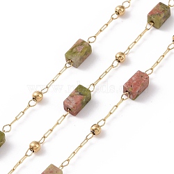 Natural Unakite Rectangle Beaded Chains, with Golden 304 Stainless Steel Findings, Unwelded, 4~4.5x2~2.5x2~2.5mm, about 3.28 Feet(1m)/Box(AJEW-SZ0002-42C)