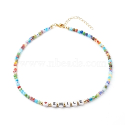 Beaded Necklaces, with Acrylic Beads, Brass Beads, Glass Beads, 304 Stainless Steel Findings & Brass Chain, Word Smile, Colorful, 15.35 inch(39cm)(NJEW-JN03536-05)