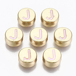 Alloy Enamel Beads, Cadmium Free & Lead Free, Flat Round with Initial Letters, Light Gold, Pearl Pink, Letter.J, 8x4mm, Hole: 1.5mm(ENAM-S122-029J-RS)