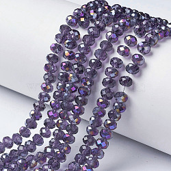Electroplate Transparent Glass Beads Strands, Half Rainbow Plated, Faceted, Rondelle, Dark Violet, 3x2mm, Hole: 0.8mm, about 150~155pcs/strand, 15~16 inch(38~40cm)(EGLA-A034-T2mm-F09)