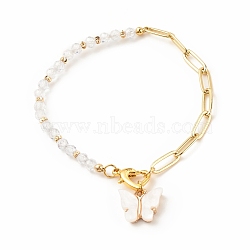 Cubic Zirconia Beaded Bracelet with Brass Paperclip Chains, Butterfly Acrylic Charm Bracelet for Women, Golden, Clear, 7-5/8 inch(19.3cm)(BJEW-JB08045-02)