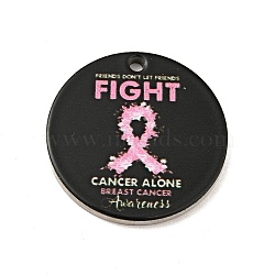 Breast Cancer Pink Awareness Ribbon Style 201 Stainless Steel Pendants, Flat Round, Stainless Steel Color, Hot Pink, 25x1mm, Hole: 1.8mm(STAS-J041-03B)