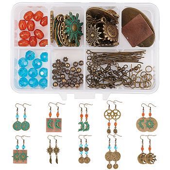 SUNNYCLUE DIY Sun & Moon Themed Earring Making Kits, Including Alloy Pendants & Beads, Brass Linking Rings & Earring Hooks & Jump Ring, Iron Pins, Antique Bronze, 28x24x2mm, Hole: 2mm, 4pcs