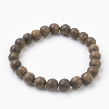Natural Dyed Sandalwood Beads Stretch Bracelets, Round, Burlap Packing, Sienna, 2 inch(5.1cm), Bag: 12x8.5x3cm
