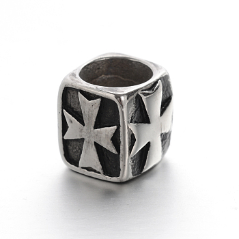 Retro Smooth 304 Stainless Steel Large Hole Cube Beads with Cross, Antique Silver, 11.5x11.5x11.5mm, Hole: 8.5mm