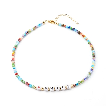 Beaded Necklaces, with Acrylic Beads, Brass Beads, Glass Beads, 304 Stainless Steel Findings & Brass Chain, Word Smile, Colorful, 15.35 inch(39cm)
