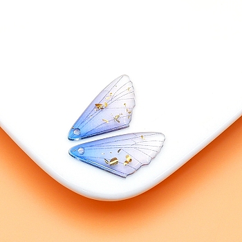 Transparent Resin Pendants, Wing Charms with Gold Foil, Dodger Blue, 25x12mm, Hole: 1.2mm