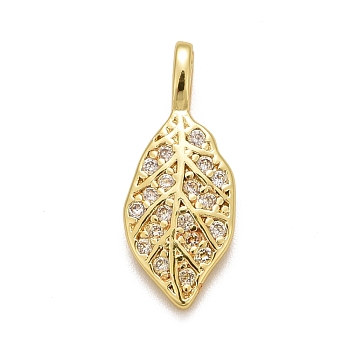 Rack Plating Brass Micro Pave Clear Cubic Zirconia Pendants, Long-Lasting Plated, Cadmium Free & Lead Free, Leaf, Golden, 16.5x6.5x3mm, Hole: 2x2.5mm