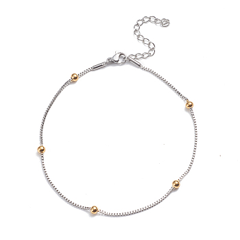 304 Stainless Steel Box Chain Anklets, with Round Beads and Lobster Claw Clasps, Golden & Stainless Steel Color, 8-1/4 inch(21cm)