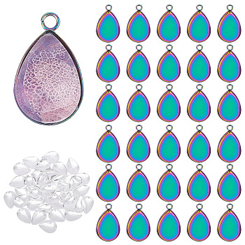 Elite DIY Blank Teardrop Pendant Making Kits, Including 304 Stainless Steel Pendant Cabochon Settings, Glass Cabochons, Rainbow Color, 80Pcs/box