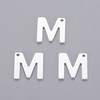 201 Stainless Steel Charms, Letter, Silver Color Plated, Letter.M, 11x10.5x0.7mm, Hole: 1mm