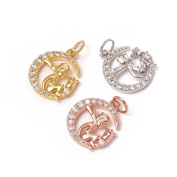 Brass Micro Pave Clear Cubic Zirconia Pendants, with Jump Rings, Long-Lasting Plated, Moon with Fairy, Mixed Color, 15x13x3mm, Jump Ring: 5x0.7mm, Inner Diameter: 3.6mm
