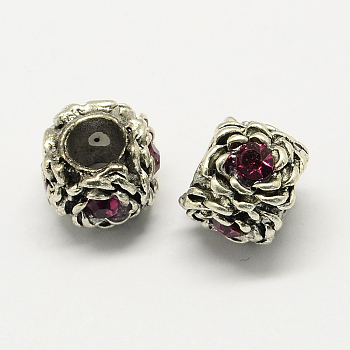 Alloy Rhinestone European Beads, Flower Large Hole Beads, Antique Silver, Amethyst, 12x8mm, Hole: 5mm