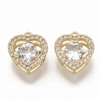 Brass Micro Pave Clear Cubic Zirconia Charms, Nickel Free, Heart, Real 18K Gold Plated, 11.5x10x4.5mm, Hole: 1mm
