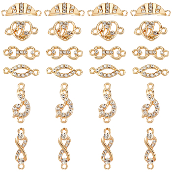 ARRICRAFT 24Pcs 6 Style Alloy Connector Charms, with Crystal Rhinestone, Mixed Shape, Golden, 6.5~9x15~21x2~3mm, Hole: 1.4~1.6mm, 4pcs/style