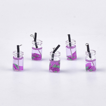 Glass Bottle Pendants, with Resin, Plastic and Iron Findings, Fruit Tea Charms, Platinum, Medium Orchid, 25~28x10mm, Hole: 1.8mm