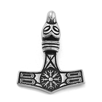 Viking 304 Stainless Steel Pendants, Mjolnir Thor Hammer wiith Helm of Awe Charm, Antique Silver, 37.5x30x10mm, Hole: 5mm