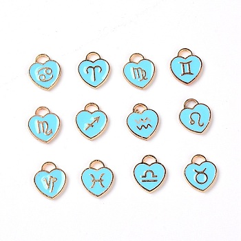Zinc Alloy Enamel Charms, Heart with Constellation, Light Gold, Dark Turquoise, 14x12x1.5mm, Hole: 2.5x4mm, 12pcs/set
