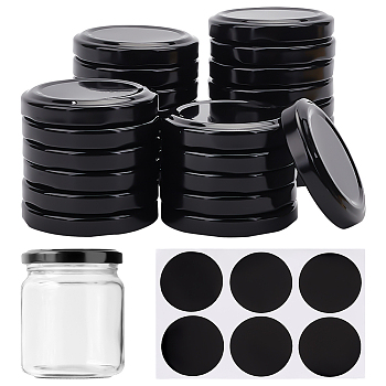 30Pcs Iron Bottle Caps, Tinplate Cap, Flat Round, 5 Sheets Flat Round Blank Wipe-off Die Reusable Waterproof PVC Adhesive Sticker, Black, 56~169x56~105x0.2~9.5mm, Inner Diameter: 52.5mm