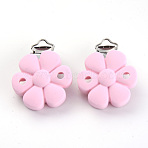 Food Grade Eco-Friendly Silicone Baby Pacifier Clips, with 304 Stainless Steel Clips, Flower, Stainless Steel Color, Pink, 52x40x23mm, Hole: 4x12.5mm and 5mm(SIL-S003-04C)