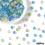 250Pcs 5 Colors Transparent Glass Beads, Square, Faceted, Mixed Color, 5.5~6x6x4~4.5mm, Hole: 1mm, 50pcs/color(GLAA-YW0005-69)