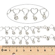 Rack Plating Brass Heart Link Chains, with Clear Glass Charms, Long-Lasting Plated, Soldered, with Spool, Platinum, Heart: 6.5x7.5x1mm, Flat Round: 6x4x3mm, about 32.81 Feet(10m)/Roll(CHC-A007-14P)