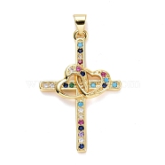 Cubic Zirconia Pendants, with Real 18K Gold Plated Brass Findings, Long-Lasting Plated, Lead Free & Cadmium Free, Cross with Heart, Colorful, 35.5x22.5x3.5mm, Hole: 5x3mm(ZIRC-E165-01G-01)
