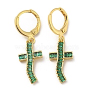 Real 18K Gold Plated Brass Dangle Leverback Earrings, with Glass, Cross, Green, 33.5x10mm(EJEW-A033-02G-02)