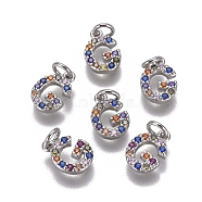 Brass Micro Pave Cubic Zirconia Charms, Letter, Colorful, Platinum, Letter.G, 9.6x6.6x1.8mm, Hole: 2mm(ZIRC-L070-38G-P)