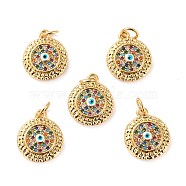 Brass Micro Pave Cubic Zirconia Pendants, with Enamel, Long-Lasting Plated, Cadmium Free & Lead Free, Flat Round with Evil Eye, Real 18K Gold Plated, 15x12.5x3.5mm, Hole: 3.6mm(ZIRC-P092-010G-02-RS)